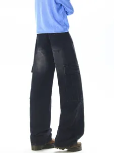 Men vintage washed high street cargo jeans wide leg loose fit denim trousers casual pants.