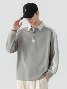 Heren lang arm polo sweatshirt met kleurenblok ontwerp, casual stijl, halve knoopsluiting.
