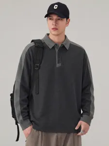Heren color-block poloshirt met lange mouwen, casual commuter stijl met halve sluiting.