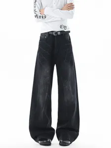 Jeans uomo stile streetwear americano lavato ampio gamba larga nero, pantaloni.