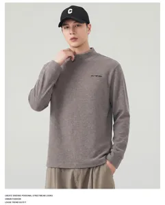 American mock neck long sleeve t-shirt for men, loose fit casual autumn winter top basic wear.
