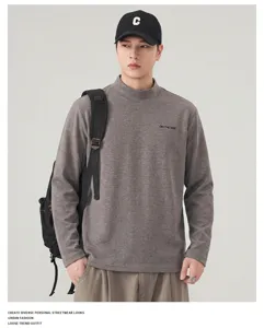 Men's loose mock neck long sleeve t-shirt casual autumn winter streetwear top grey.