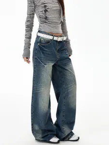 Vintage wash wide leg denim jeans for women and men, high street style retro casual pants.
