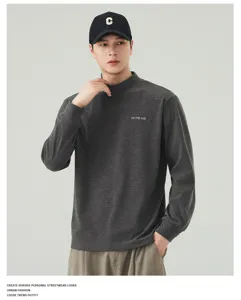 Men casual mock neck long sleeve t-shirt loose fit streetwear style solid dark grey top
