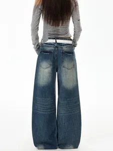 Vintage washed wide leg denim jeans for men and women, high street retro style casual pants.