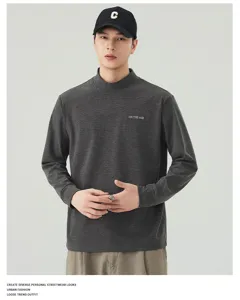 Men's dark gray mock neck long sleeve t-shirt detail showing chest lettering and soft fabric.