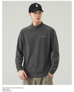Detail view of dark grey mock neck long sleeve t-shirt, casual streetwear style design.