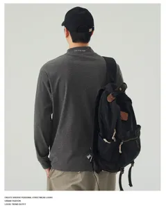 Men's dark gray mock neck long sleeve T-shirt, casual loose fit streetwear detail view.