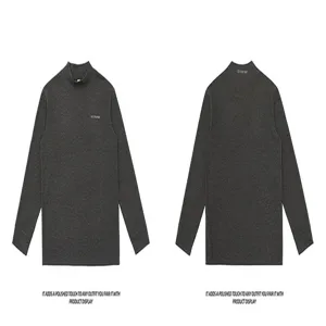 American style mock neck long sleeve T-shirt for men, loose casual charcoal gray top.