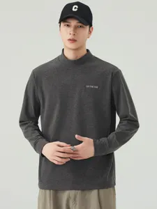 Men's Mock Neck Long Sleeve T-Shirt Loose Fit Polyester Wool Silk Blend Autumn Winter Basic Top With Letter Print