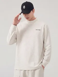 Men's mock neck long sleeve t-shirt casual solid color oatmeal top with cap main view