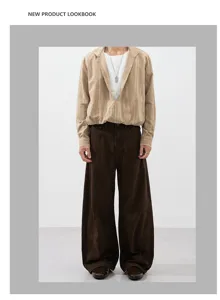 Casual loose-fit long sleeve shirt and dark brown wide-leg work pants detail look and fit.