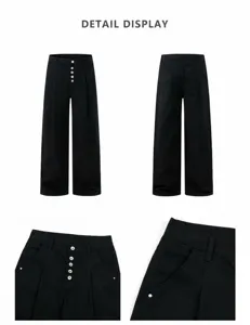 Detailed view of black double pleat five button wide leg cargo pants retro casual trousers