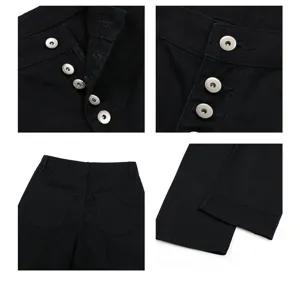 Close-up details of black casual cargo pants showing front metal buttons and back pockets.