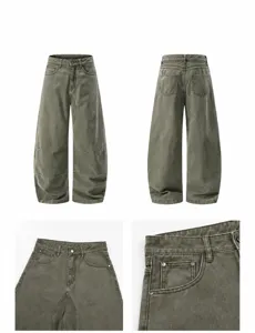 Detailed view of casual loose curved denim cargo pants, showcasing pockets and stitching.