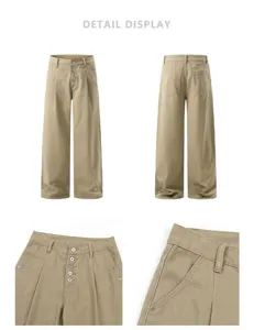 Detail view of khaki cargo pants with multiple buttons, double pleats and wide leg fit.