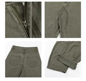 Olive green curved seam cargo pants detail shot, casual loose wide leg trousers style.