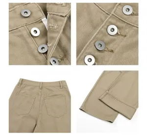 Khaki cargo pants detail close-up showing metal buttons, back pockets, and hem craftsmanship.