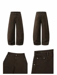 Brown curved cargo pants detail view showing pocket stitching and waistband close-ups.