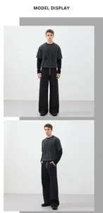 Detailed shot of pleated wide leg trousers with multiple buttons and printed t-shirt on Asian model.
