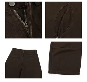 Detailed view of dark brown casual cargo pants featuring curved seams and YKK zipper hardware.