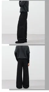 Detail view of black wide leg cargo trousers, old money style loose casual pants for daily wear.