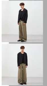 Detailed shot showing the front pleats and button design of these stylish casual cargo pants.