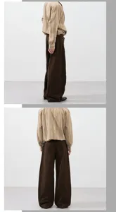Detail view of casual loose wide-leg cargo pants in dark brown paired with beige shirt.