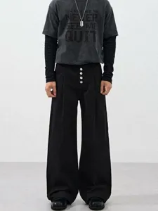 Old Money Style Double Pleated Five Button Fly Cargo Pants For Unisex American Vintage Slouchy Floorsweeping Loose Fit Solid Cotton Casual Pants