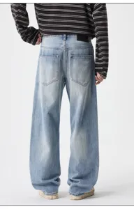Men vintage loose straight denim jeans back view detail shot premium cotton trousers