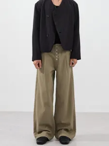 Retro old money style double pleated cargo pants with multi buttons, lazy wide leg design.