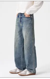 Men's vintage paint splatter loose straight denim jeans casual high street trousers detail