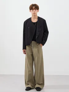 Retro pleated multi-button cargo pants for men and women, loose fit casual trousers.