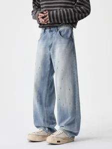 Men's American High Street Vintage Straight Leg Cotton Jeans Washed Distressed Ink Splatter Hip Hop Denim Long Pants