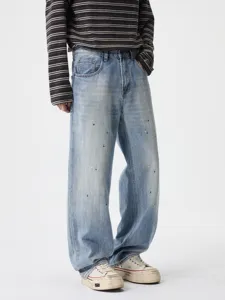 Men retro high street straight leg denim jeans with paint splatter design for casual wear.