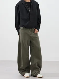 Men's Women's Casual Curved Cargo Pants Loose Fit Wide Leg Denim Trousers Streetwear