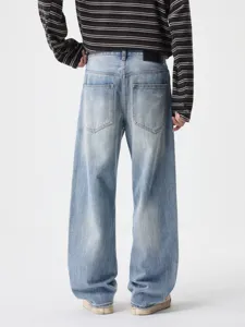 Men's vintage washed straight leg jeans casual loose denim trousers light blue streetwear