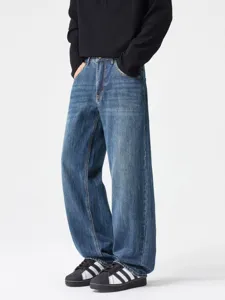 Mens vintage washed blue loose straight leg denim jeans casual cotton trousers autumn new