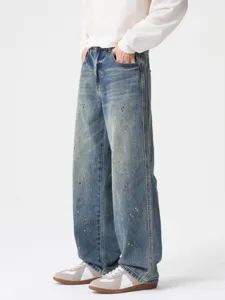 Men Retro High Street Ink Splash Straight Leg Jeans Loose Fit Washed Distressed Denim Pants Hip Hop Streetwear Trousers