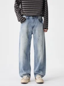 Men vintage paint splatter loose straight denim jeans casual streetwear trousers all-match