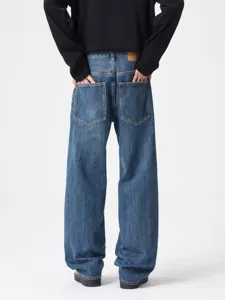 Men's retro dark blue washed loose straight denim jeans, showcasing casual style from back view.