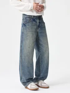 Retro trendy paint splatter loose high street men's straight denim jeans for autumn winter.