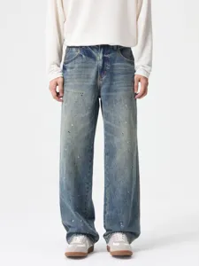 Men's vintage paint splatter loose straight denim jeans casual streetwear fashion trousers