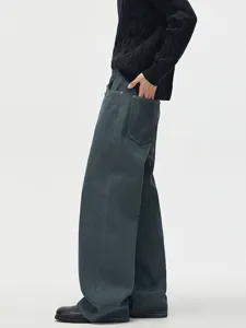 Retro distressed wide-leg denim pants for men and women, loose casual straight trousers.