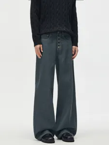 Retro distressed baggy wide leg denim jeans with multi buttons for men and women casual daily wear