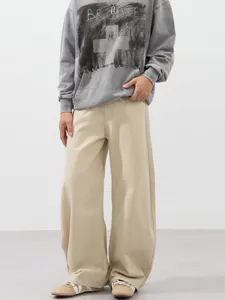 Men Women Casual Loose Wide Leg Curved Trousers Solid Color Beige Comfy Streetwear Pants
