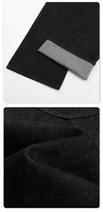 Detailed close-up view of dark denim jeans showing fabric texture and cuff stitching design.