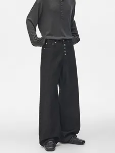 Men American Vintage Raw Black Jeans Multi Button Fly Loose Straight Leg Denim Pants Cleanfit Style Floor Length Trousers