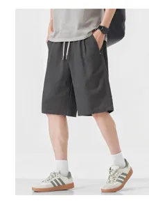 Men's summer casual loose straight shorts in dark grey with adjustable drawstring waist.
