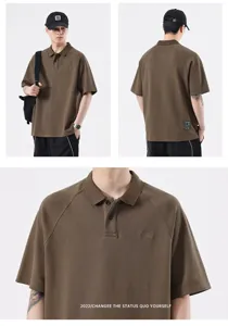 Polo da uomo marrone retrò a manica corta casual largo colletto rovesciato ricamato estate